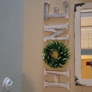 Home whitewashed wood letters and wreath
